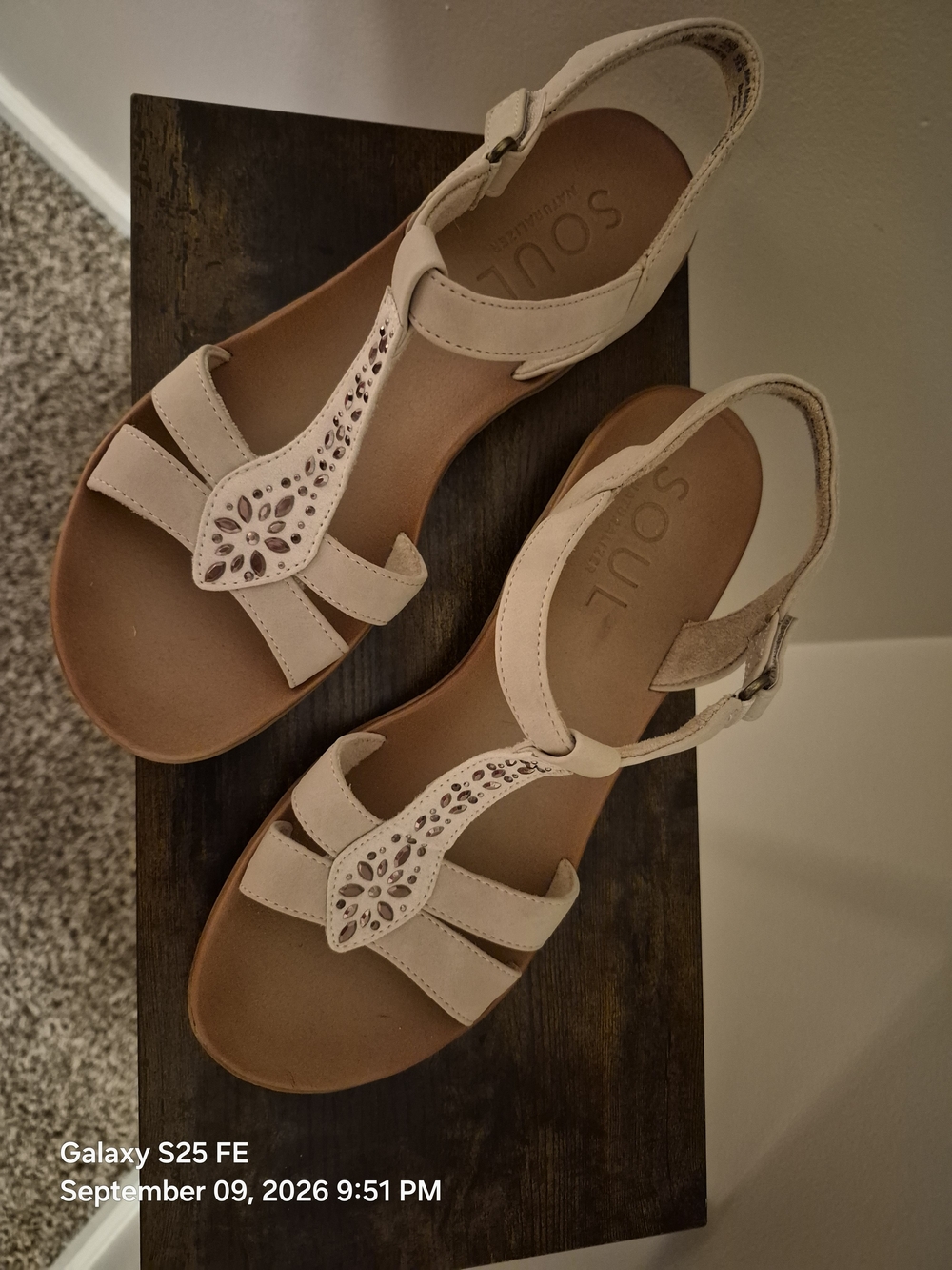 Naturalizer Beige T-Strap Sandals with Crystal Accents